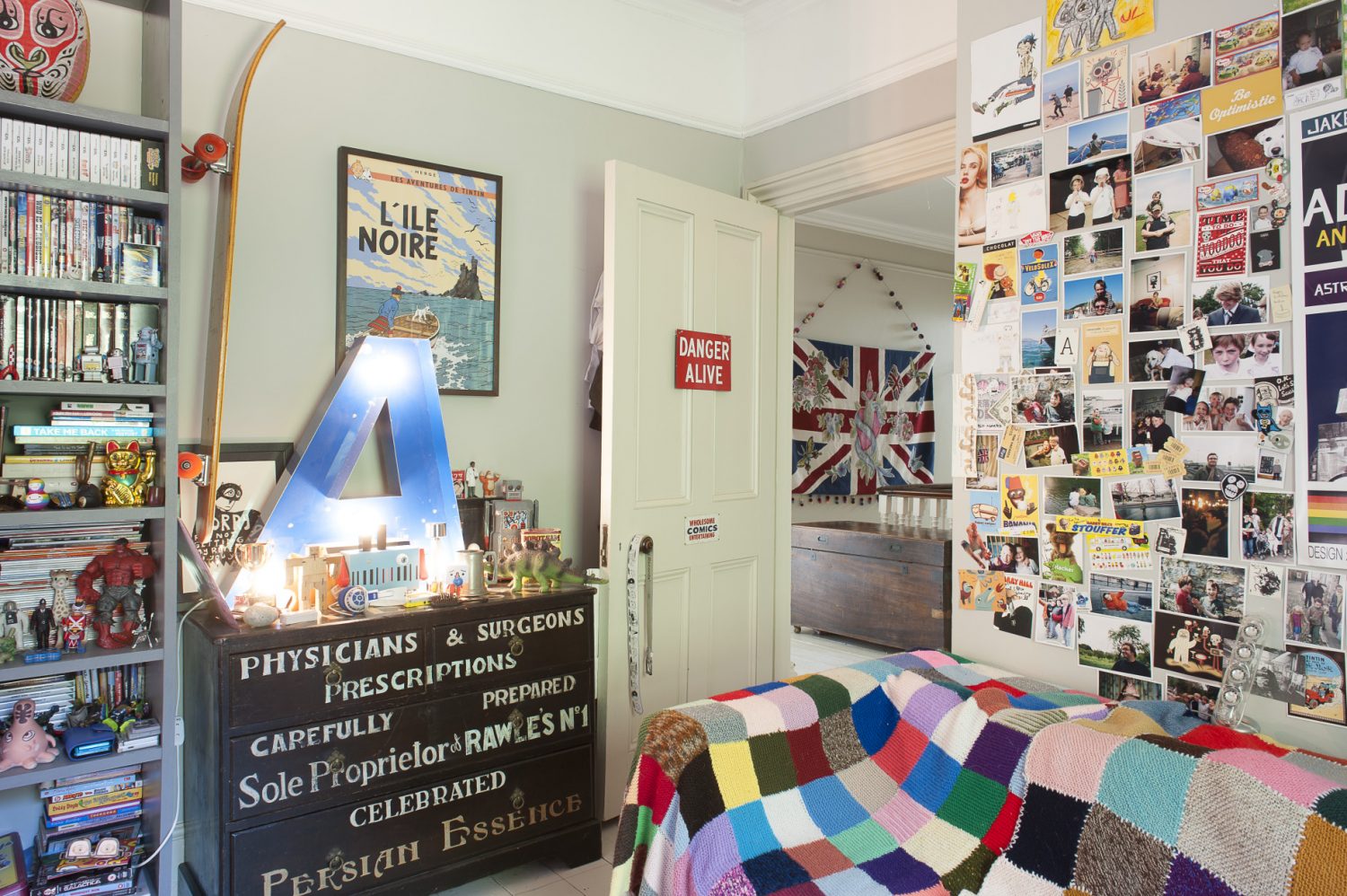 In the couple’s son’s room a tall shelving unit, made especially for his godson by carpenter Rupert Walton, fills the major part of one wall and is stuffed with an impressively tidy collection of books, CDs, DVDs and a few favourite toys