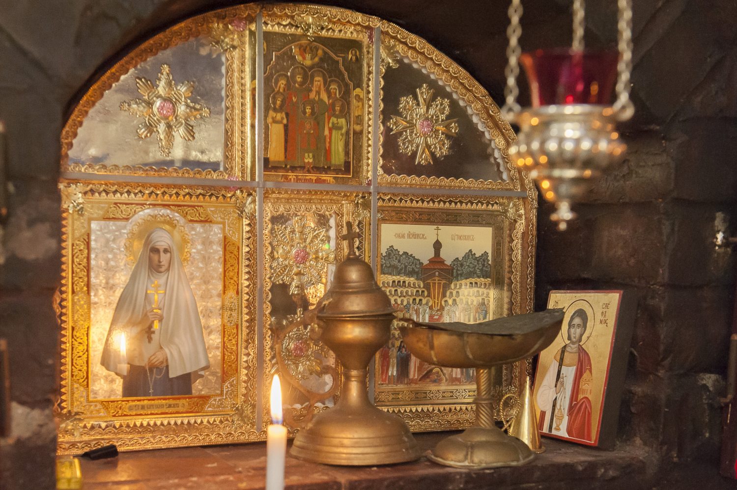 At the rear of the garden, Paul and Stephen have built a tiny and exquisite chapel in the Orthodox style, where mass is sometimes said. With painted angels on a rich blue ground, a wealth of icons, censers, reliquaries and a central Madonna and Child, it’s so beautiful and surprising