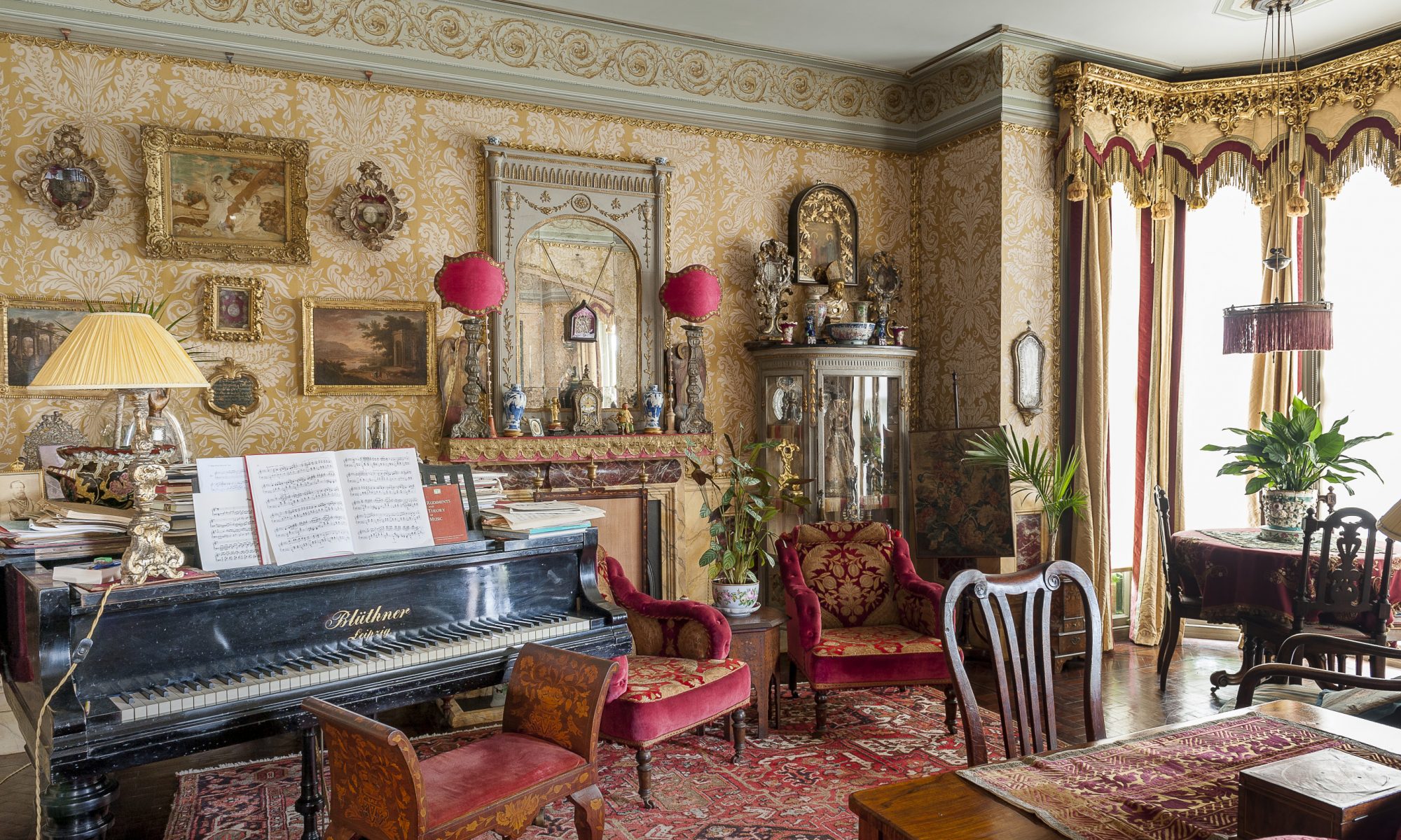 This half of the drawing room, now resplendent with a grand piano – the house’s co-owner, Stephen Groves, is a pianist and church organist – was their kitchen