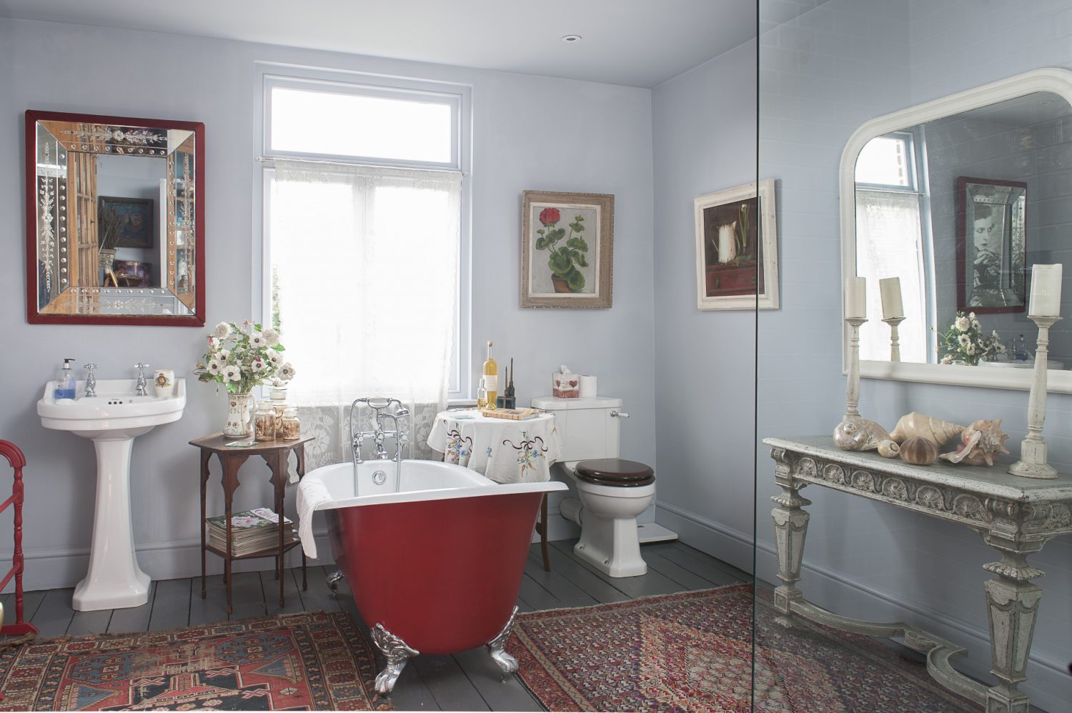 The main bathroom was not designed as a bathroom, as such, but was simply another room to which Emma could introduce beauty and interest, though it does include a luxurious roll-top bath and space-age walk-in shower