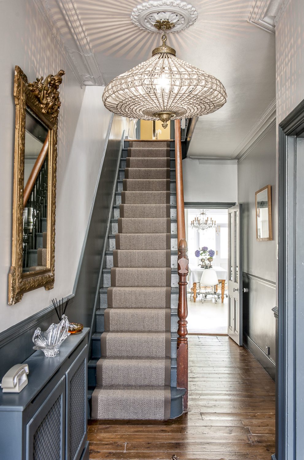 The walls above the stairs are very high, which also happily means that there’s lots of space to hang pictures on the landing and plenty of room for some enormous, and enormously stylish, chandeliers, sourced from Robert Amstad at Hastings Antiques Centre – not far away in Norman Road, St Leonards
