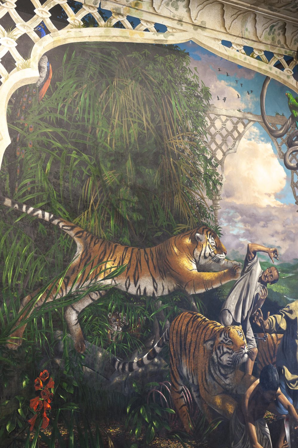 In the Martin Jordan meeting room floor-to-ceiling murals depict scenes of endangered wildlife. Subtly painted to be disguised within foliage, and only visible from certain angles, the face of John Aspinall looms above a tiger defending her young from poachers – a poignant reminder of the plight of some of the world’s most vulnerable species and how they must be protected