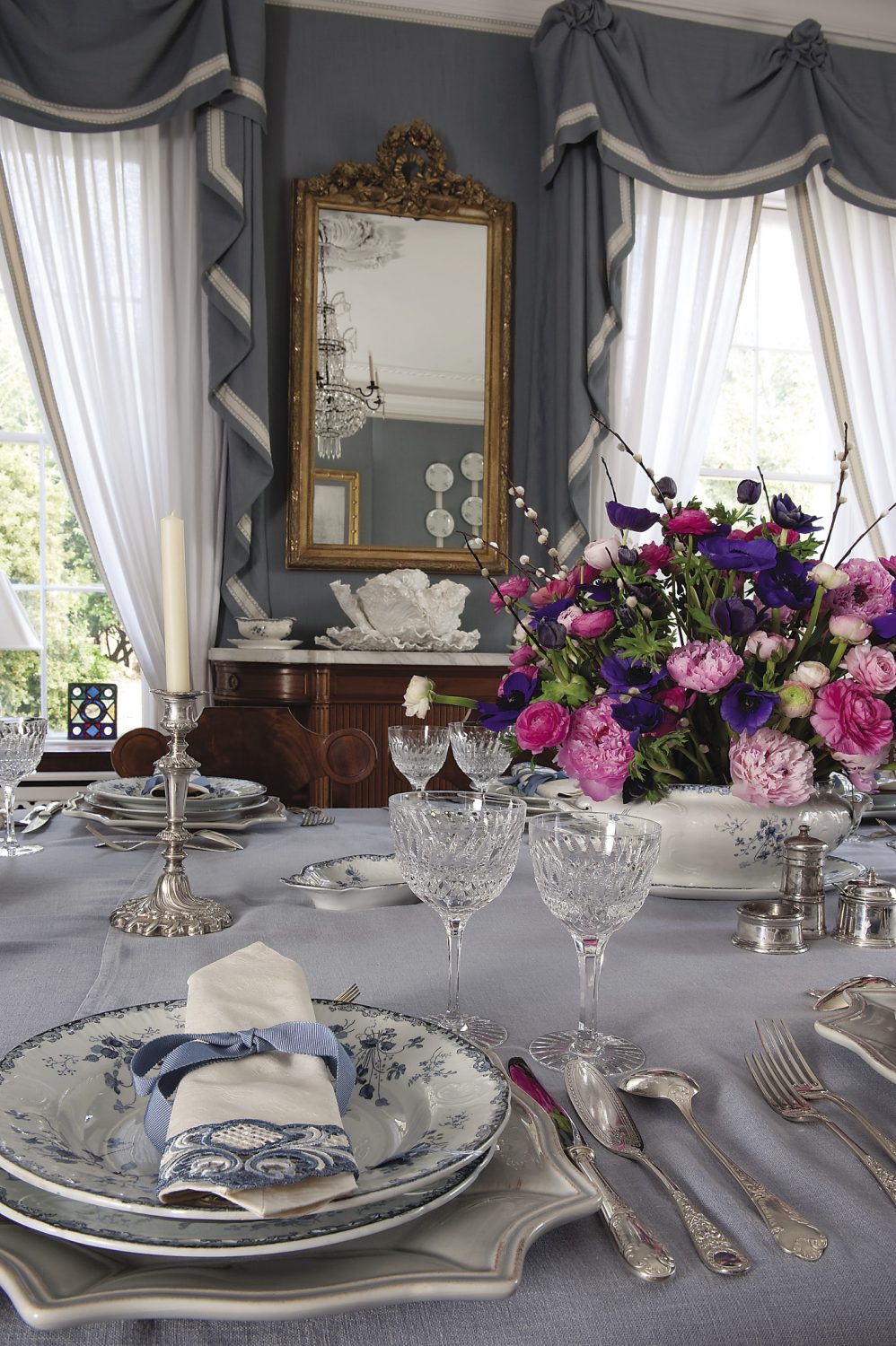 The dining chairs are genuine Gustavian antiques that Theodora bought at Christie’s in London