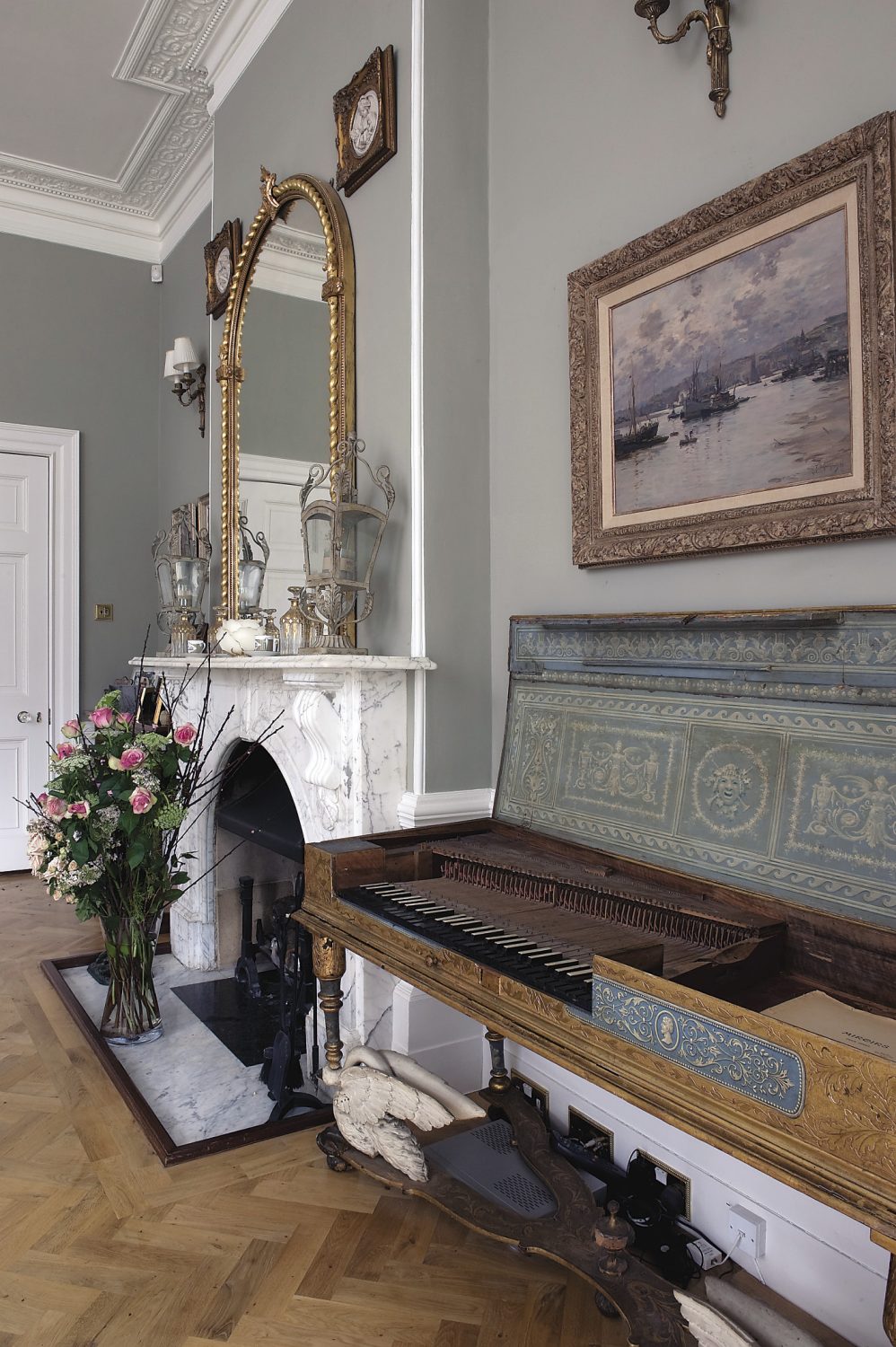The exquisite eau de nil and gilded square piano, one of many in Theodora’s collection of antique pianos, was bought from David Winston at the Period Piano Company