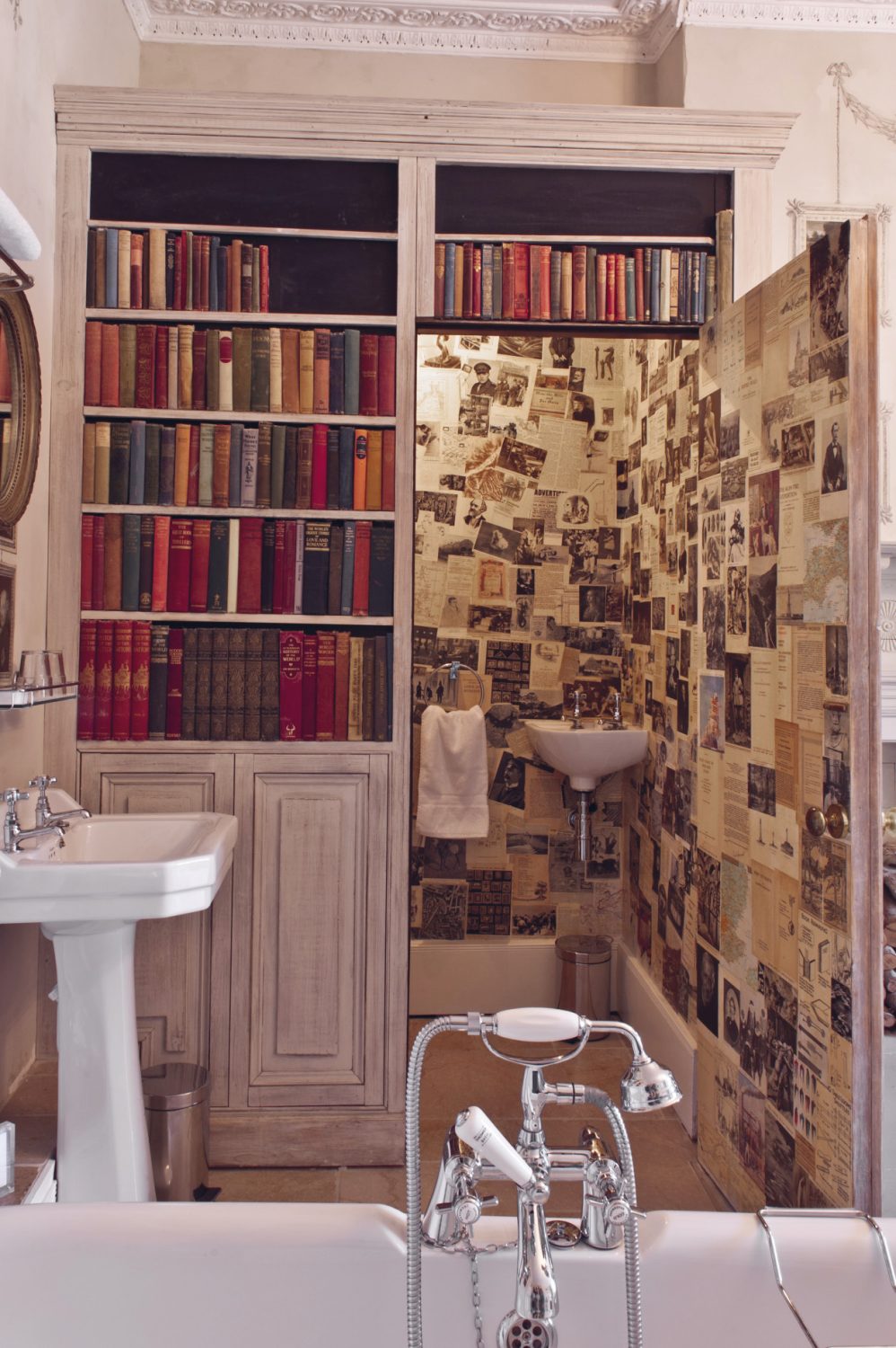 The hidden loo with walls papered with the pages of book