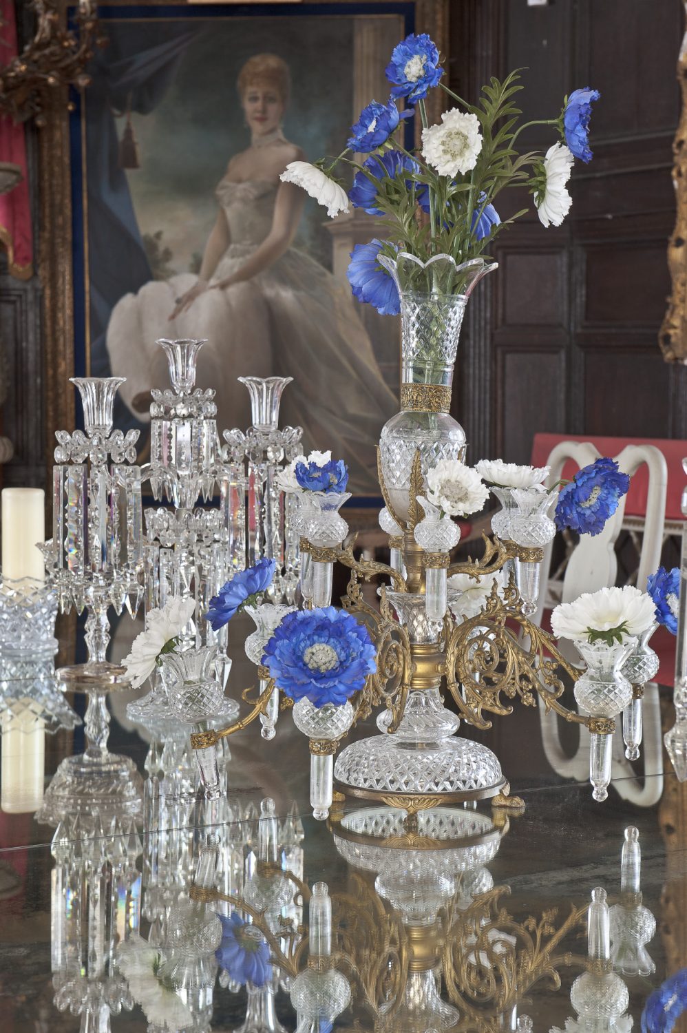 The mirrored table top in the Oak Room produces a wonderful effect when the candelabra are lit and the epergne filled with flowers