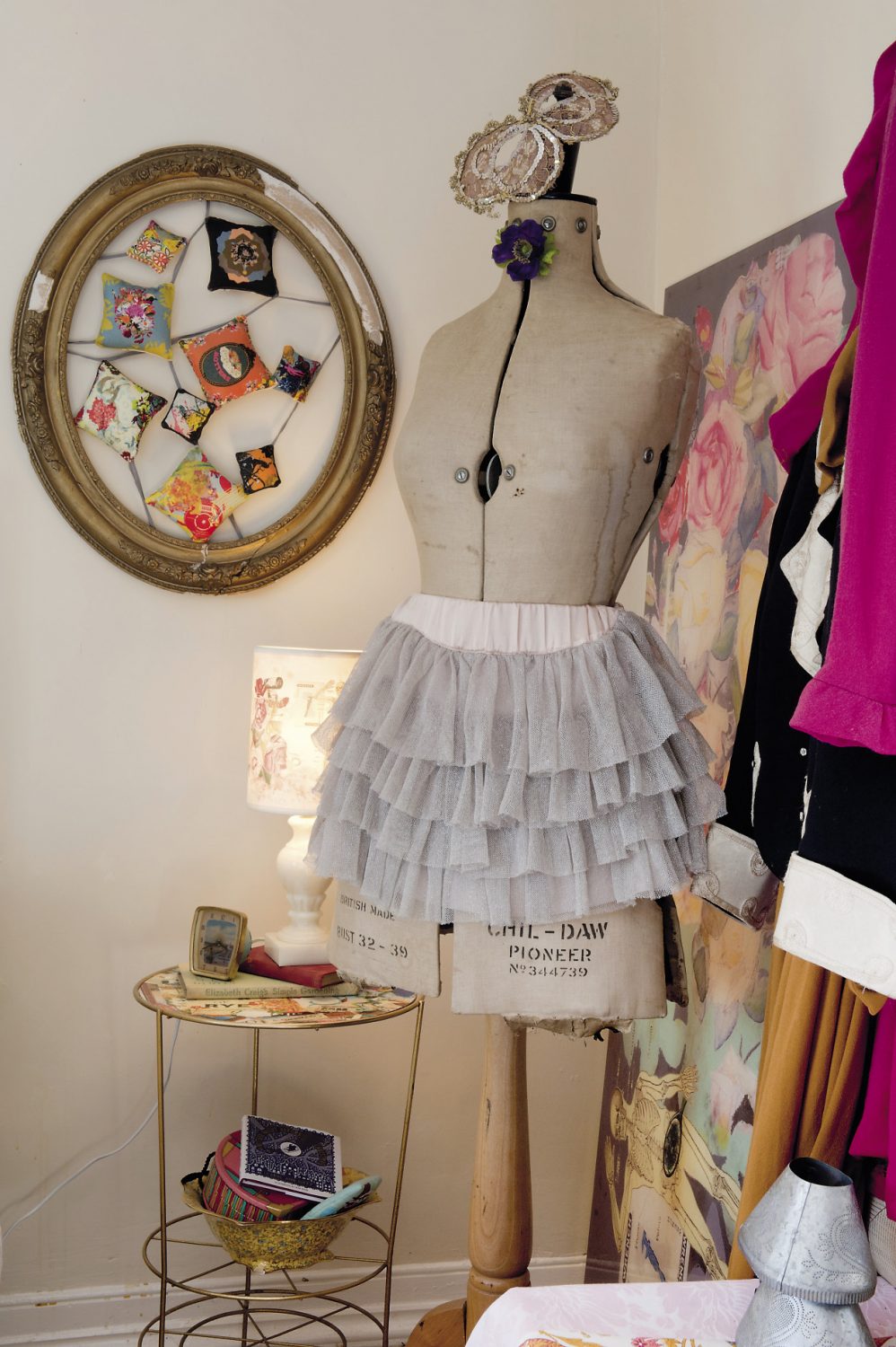 A tailor’s mannequin wears a frilly skirt