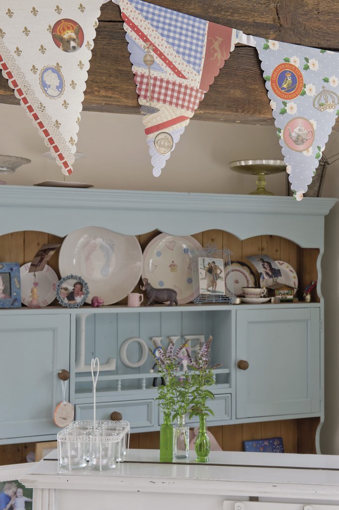 Bunting hangs in the kitchen