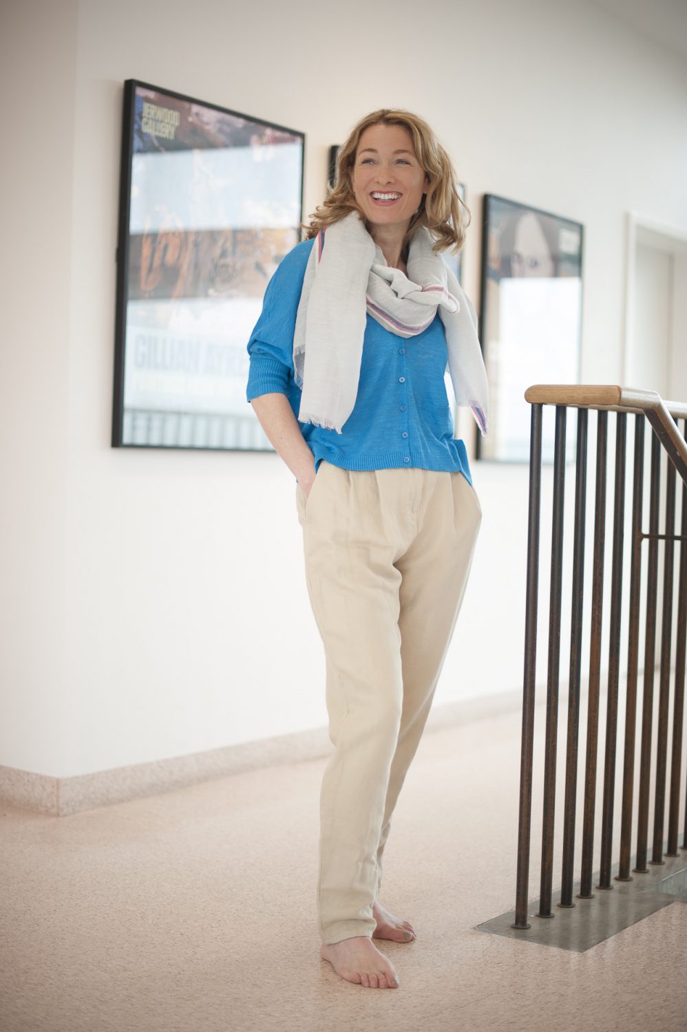 erse turquoise cardigan, £89, Otto D’ame beige chino trousers, £139, Who’s Wearing What Boutique, St Leonards-on-Sea 01424 272925 www.whoswearingwhat-boutique.co.uk; Seasalt scarf, £29.95, Charity Farm Countrystore, Cranbrook 01580 713189 www.charityfarmcountrystore.co.uk