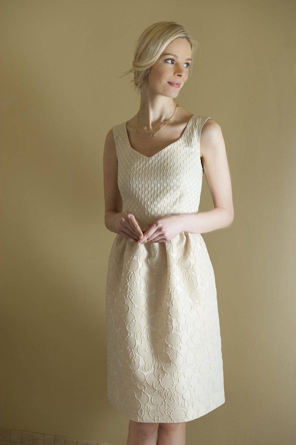 MaxMara Studio dress, £270, Hoopers, Tunbridge Wells 01892 530222 www.hoopers.co.uk; ‘Anya’ lemon quartz gold vermeil necklace, £45, Me Encanta Wealdenfairs.com/meencanta
