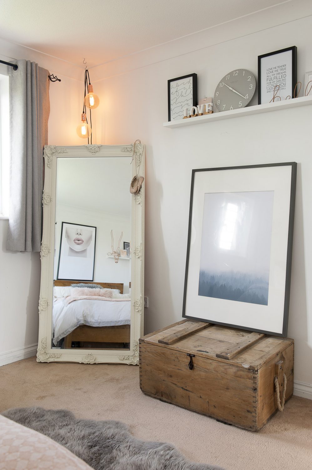 The large mirror in James and Lucinda’s bedroom is from Hoopers in Tunbridge Wells, given to the couple as a house warming gift