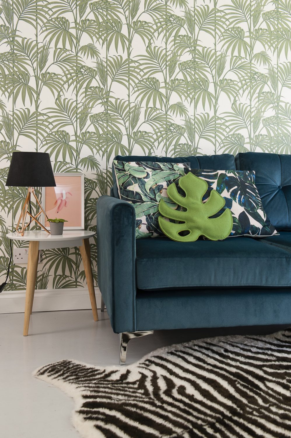 Lucinda sourced the velvet sofa in the playroom from DFS and the zebra rug is IKEA. The wallpaper is ‘Honolulu’ Palm Green from Graham & Brown