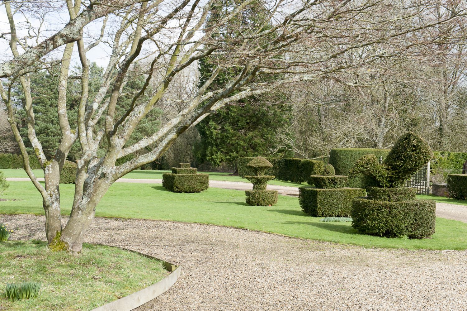 The garden is a dreamy combination of mature lawns, magnificent topiary and intimate spaces divided by box hedging and moss-covered walls
