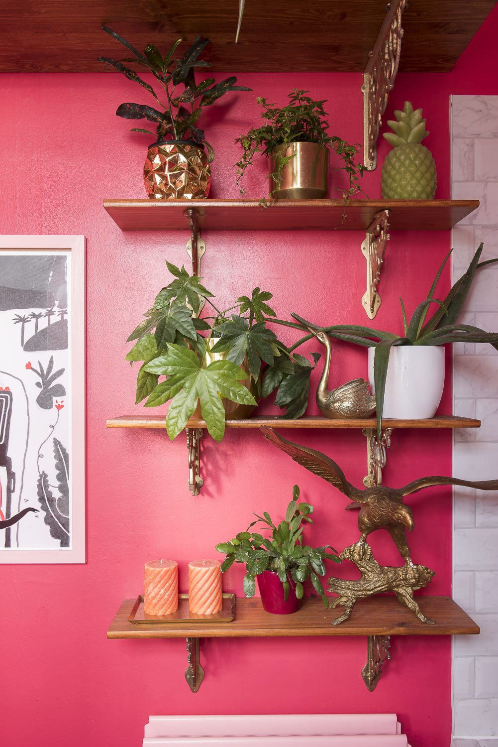Amy has used ferns and evergreens to bring a slightly Victorian parlour overlay to the look of the bathroom, despite its bright pink walls