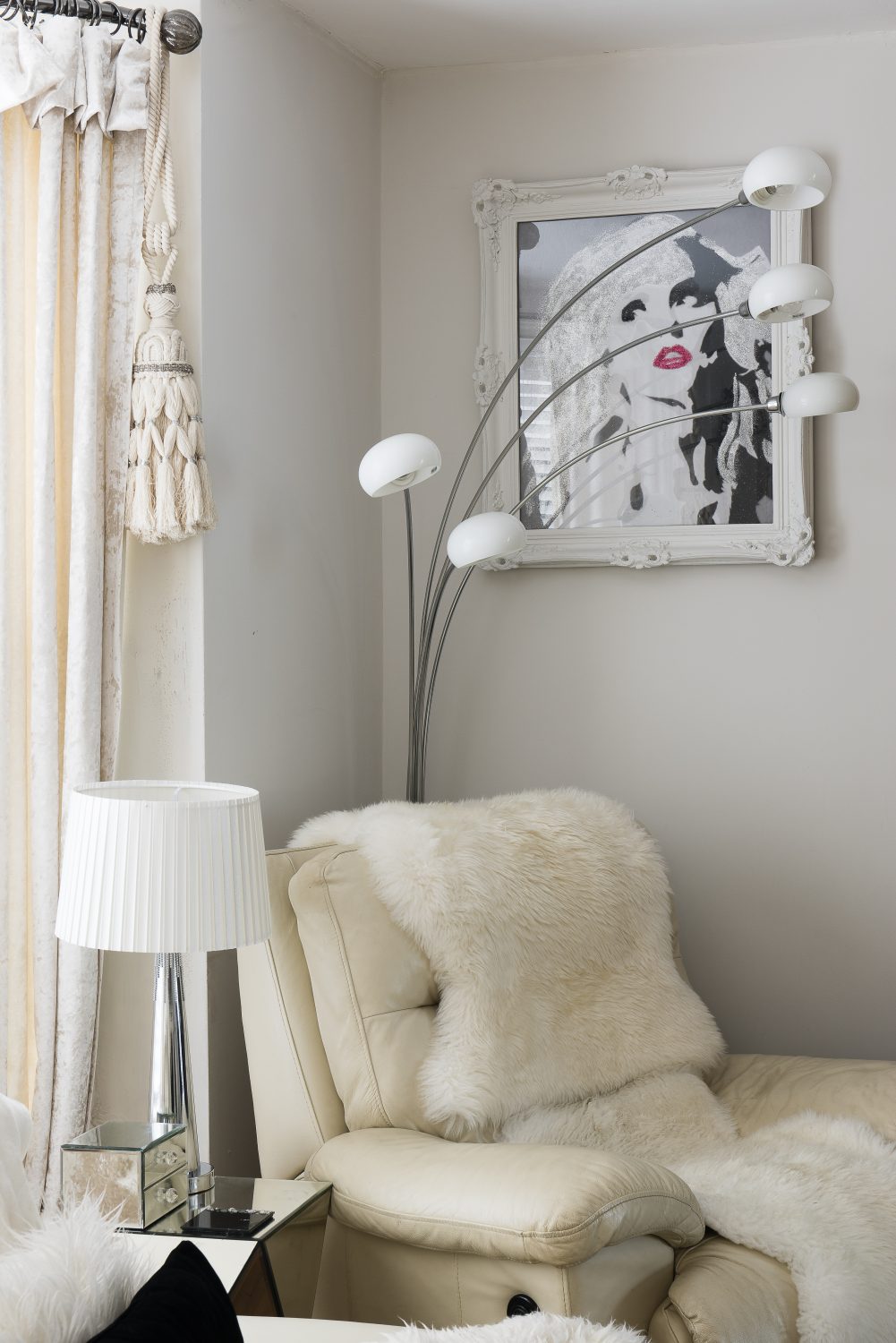 The standard lamp was from Woodcocks in Battle. Sarah glitter-enhanced and framed the Blondie print, which has a matching Elvis opposite
