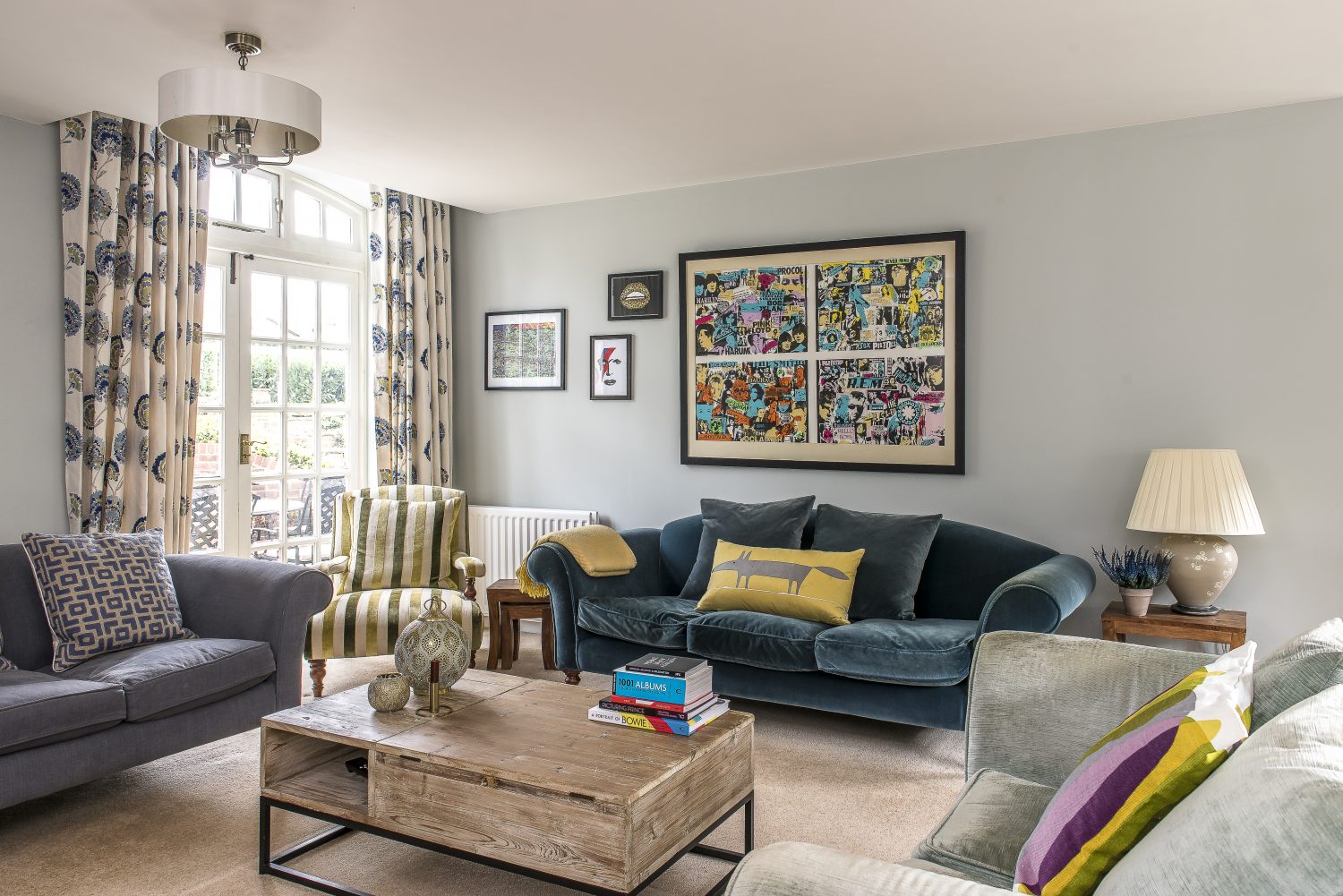 The large artwork is from Wimbledon Studios. The lips and Bowie print are fron Gina Potter on Instagram @ginagpotter The sofas are from sofas.com