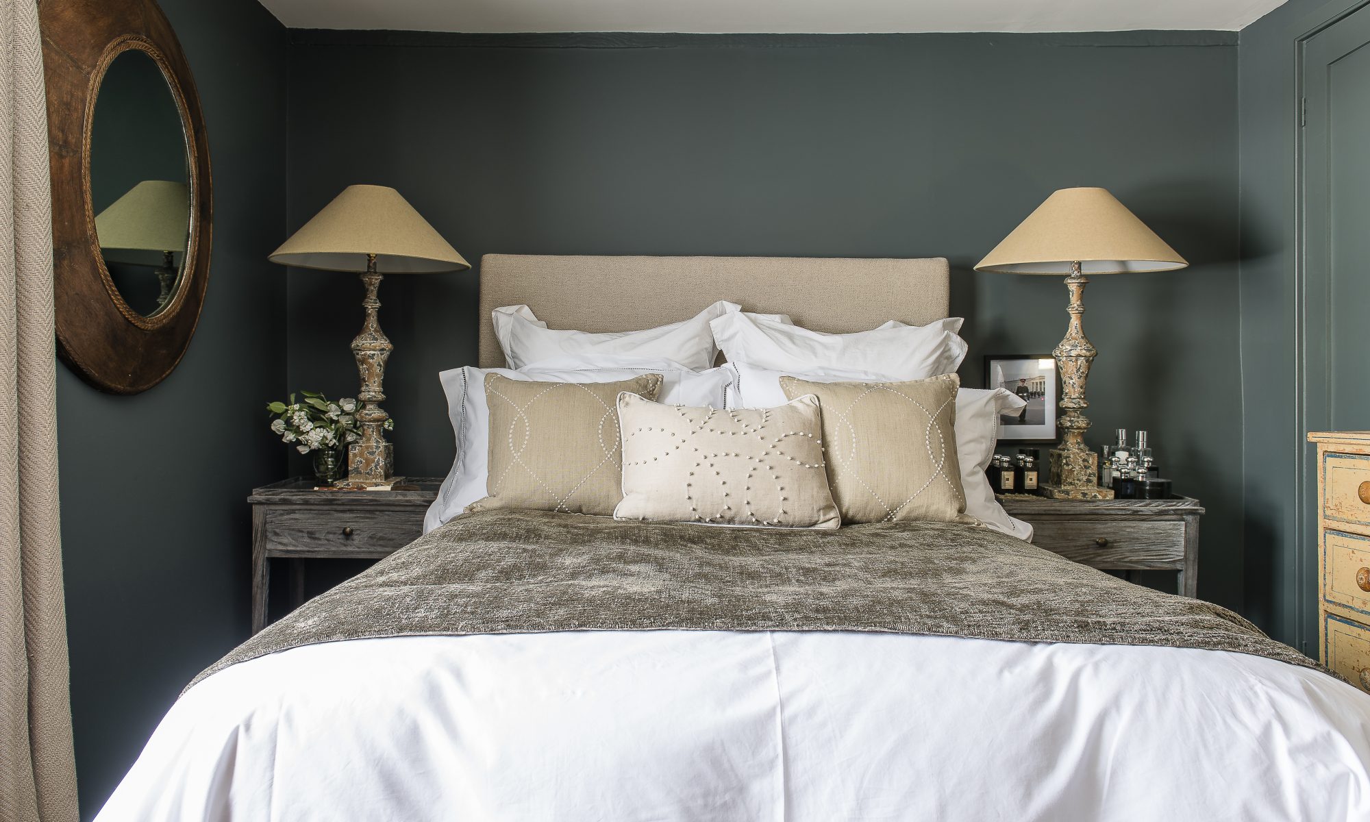 The master bedroom is the only room in the house where Lisa used a different paint colour – Squid Ink by Paint and Paper Library