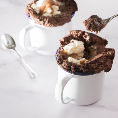 Gooey Chocolate Cups with Salted Caramel Sauce and Cream