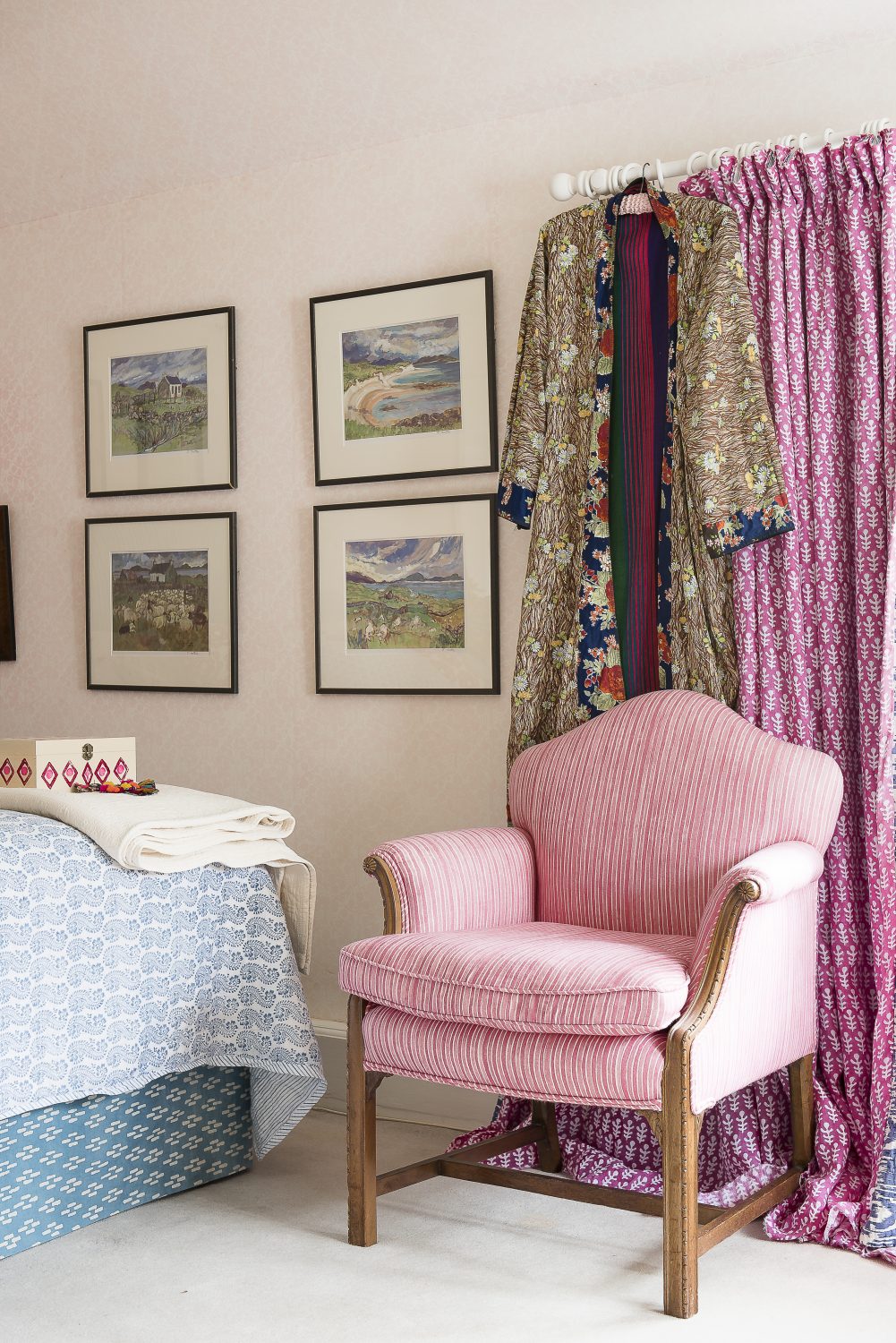 Rollo and Molly’s bedroom. All the fabrics and the quilt are by Molly Mahon
