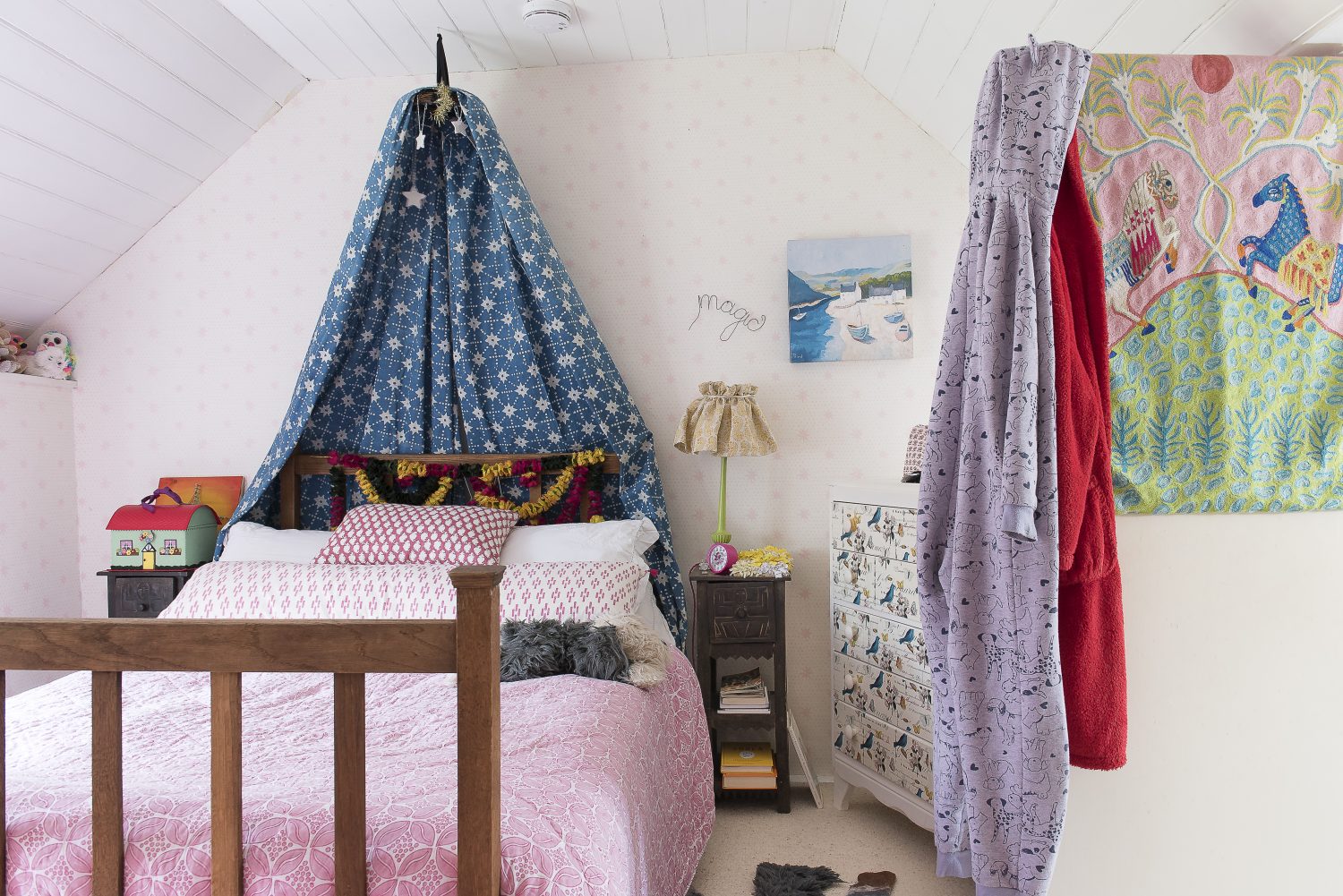 Daughter Lani’s bedroom. The fabric in the canopy is one of Molly’s hand-block printed cottons, Stars