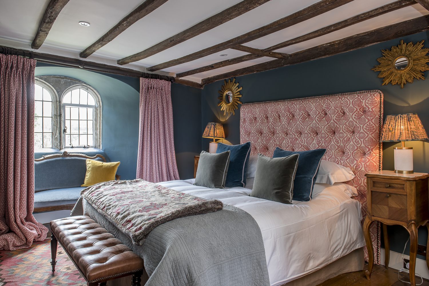 The headboard in The Peony bedroom is by rowan Plowden Design, upholstered in Oak Leaves by Blithfield