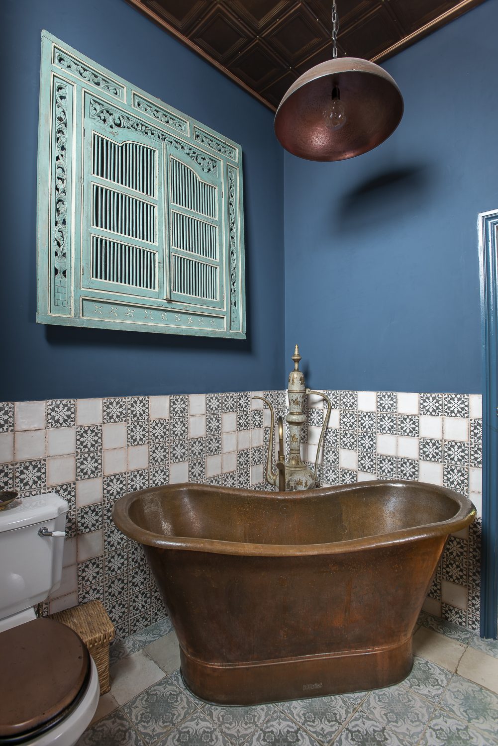 Laurie sourced the copper bath in the Turkish-bath inspired guest bathroom directly from the makers in Morocco