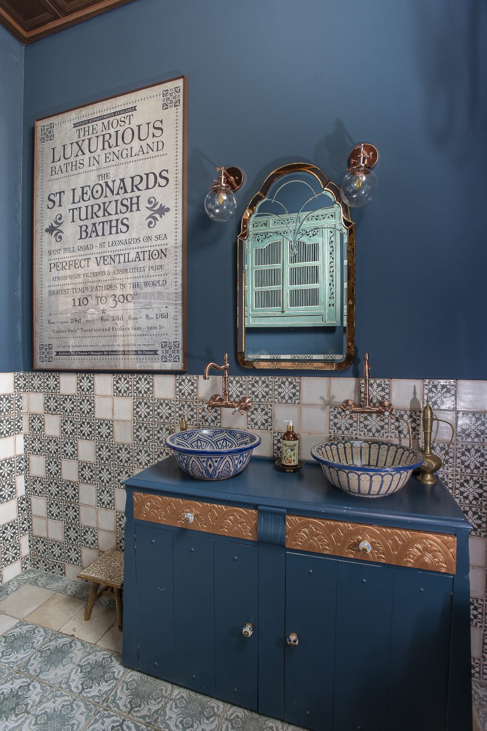 Laurie sourced the copper bath in the Turkish-bath inspired guest bathroom directly from the makers in Morocco