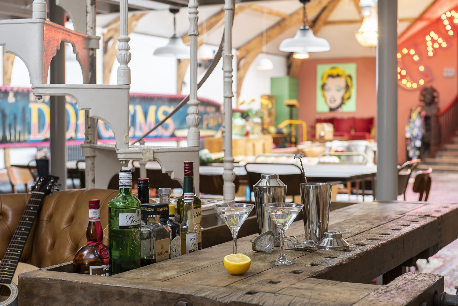 The cocktail bar is an old carpenter’s bench, sourced on eBay