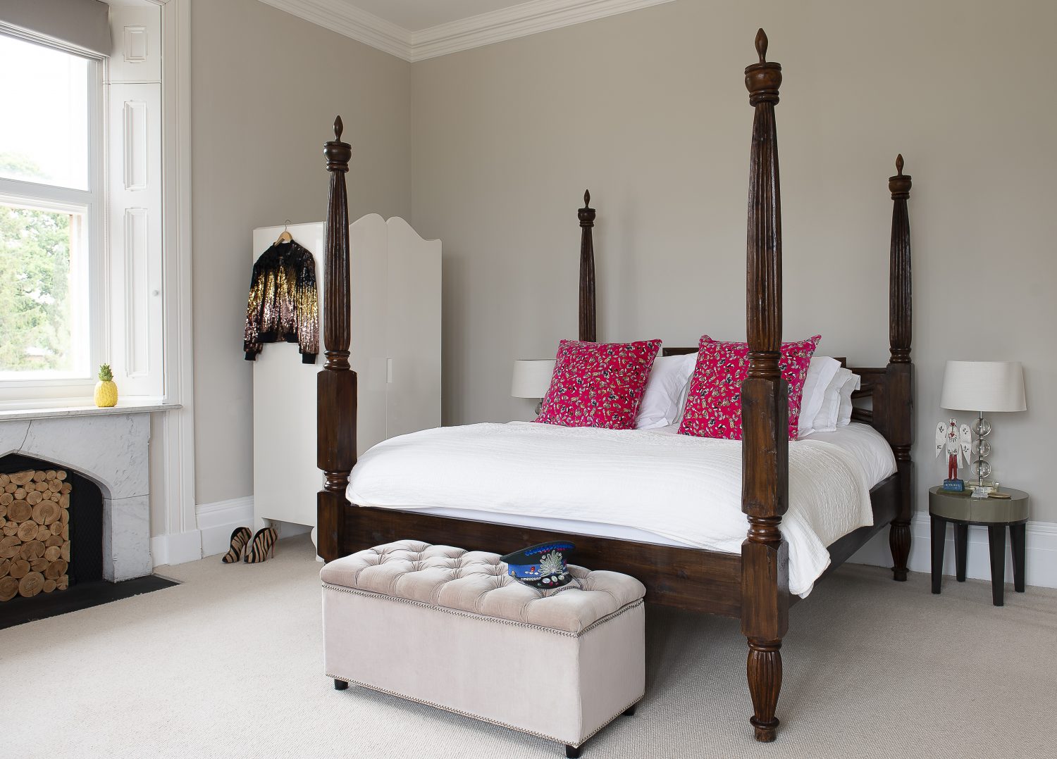 The couple’s luxurious bedroom suites feature chic four-poster beds and sumptuously soft carpet