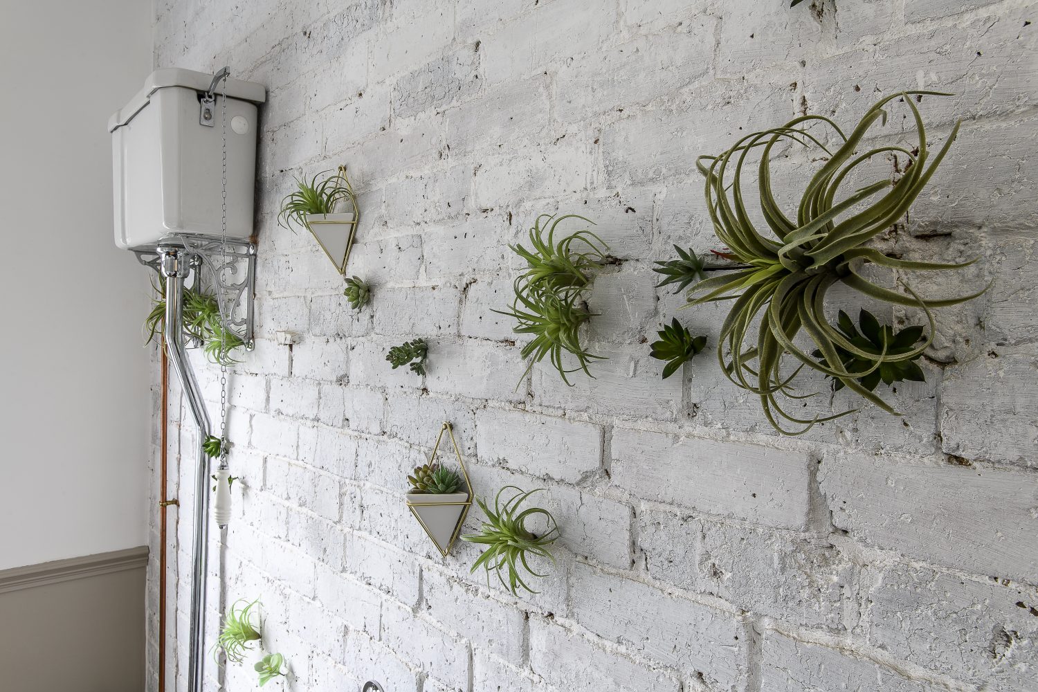 In the first floor loo, Morgan has painted the bare brickwork white and brought the space to life with faux succulents