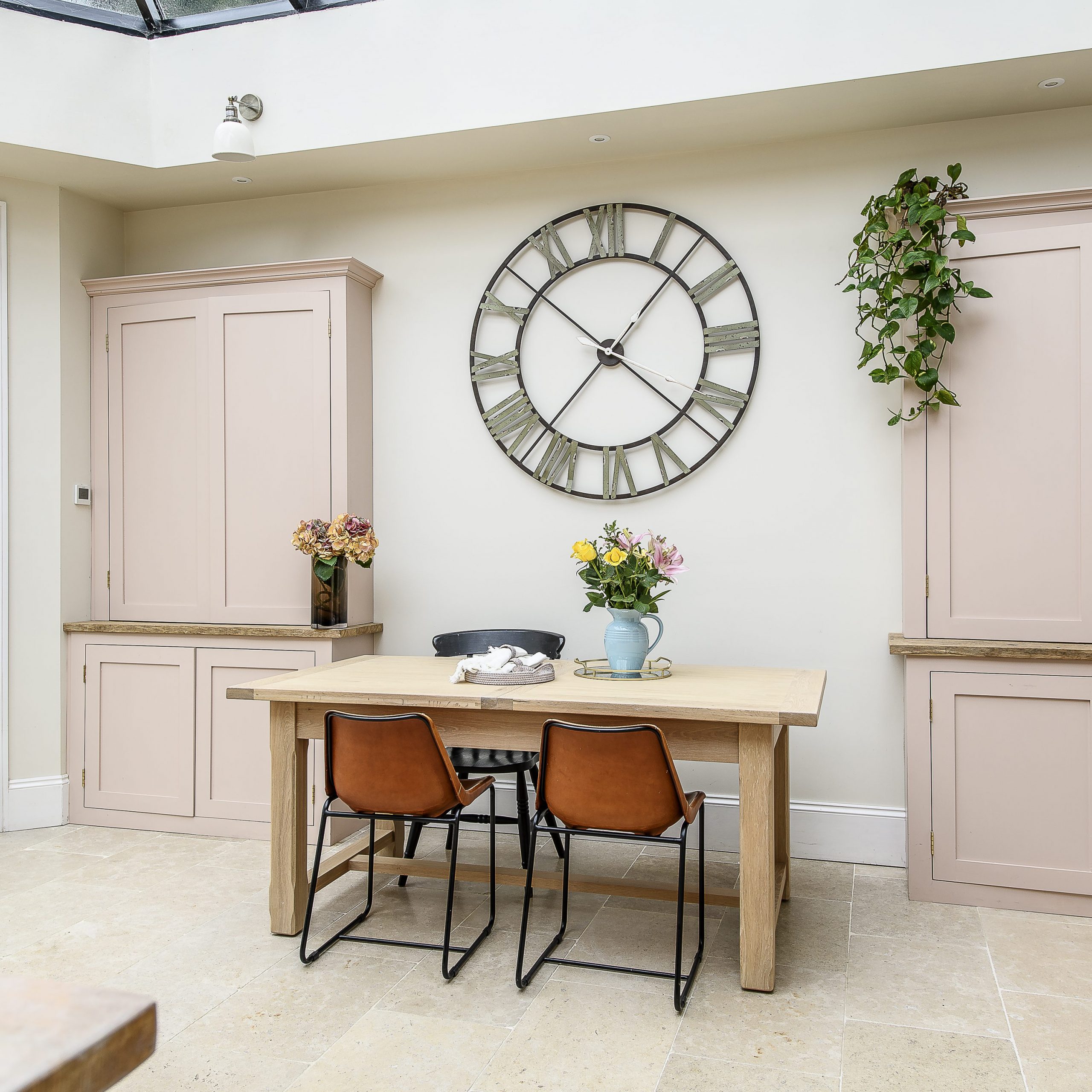 Morgan has carefully chosen the colours in the kitchen to achieve her vision for it. The cupboards are painted in Constantinople by Andrew Martin and the island unit is Farrow and Ball’s Studio Green. The walls are in Slipper Satin, also by Farrow and Ball