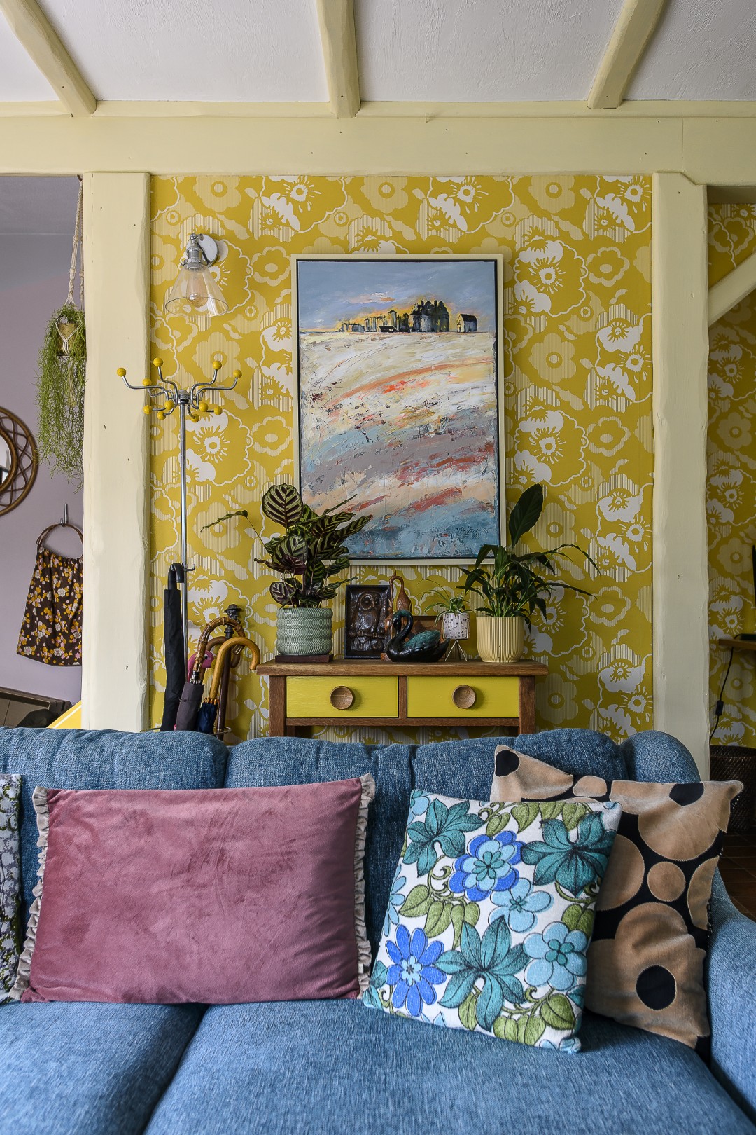 The wallpaper is Alice in Mustard by Mini Moderns 