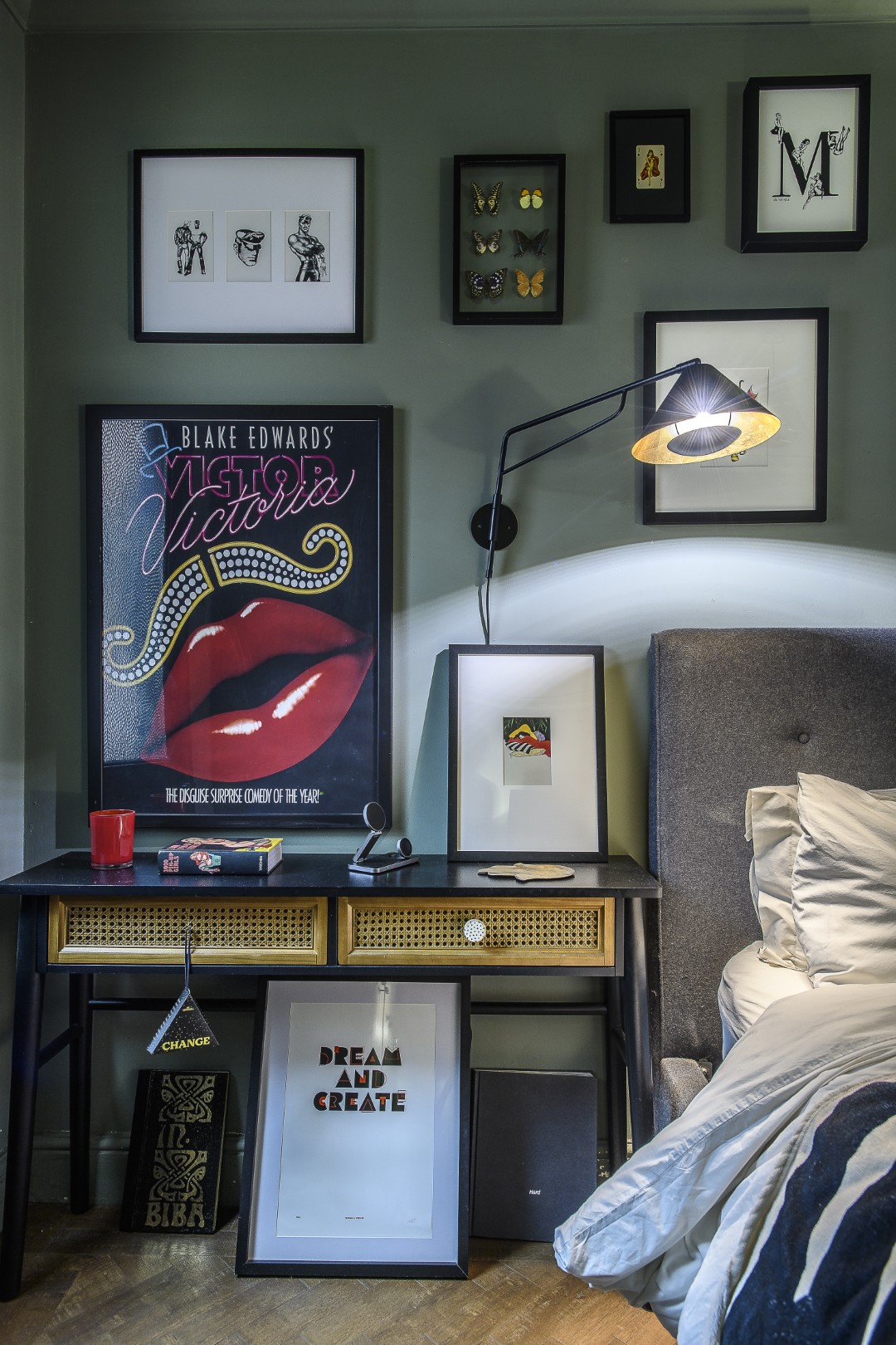 Matt’s bedroom is a tranquil and inviting space, filled with artworks and plants. His stunning bath looks out into the pretty courtyard garden that’s laced with festoon lights.