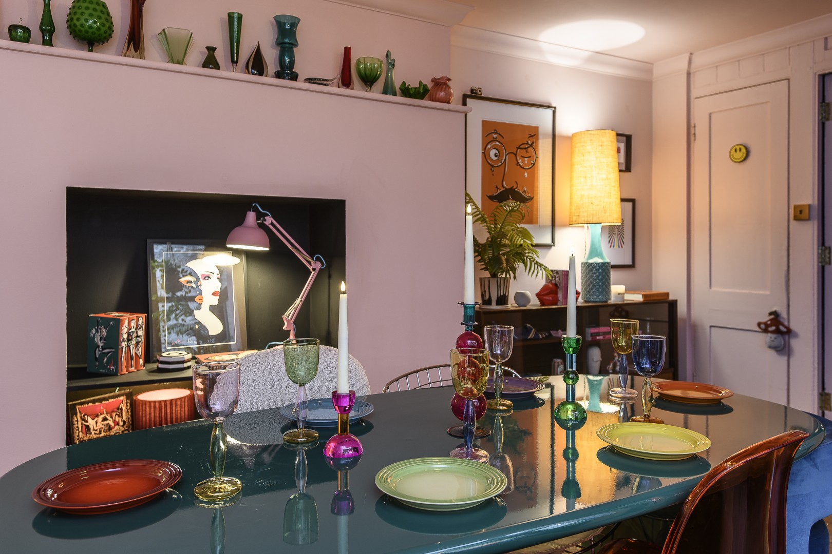 In the dining room, Dulux Berry Whip absorbs the light and gives a powdery feel. There’s a mix of vintage and new, finds from Matt’s travels near and far. An assortment of seating, glass and dinnerware add an irresistible feel of whimsy.