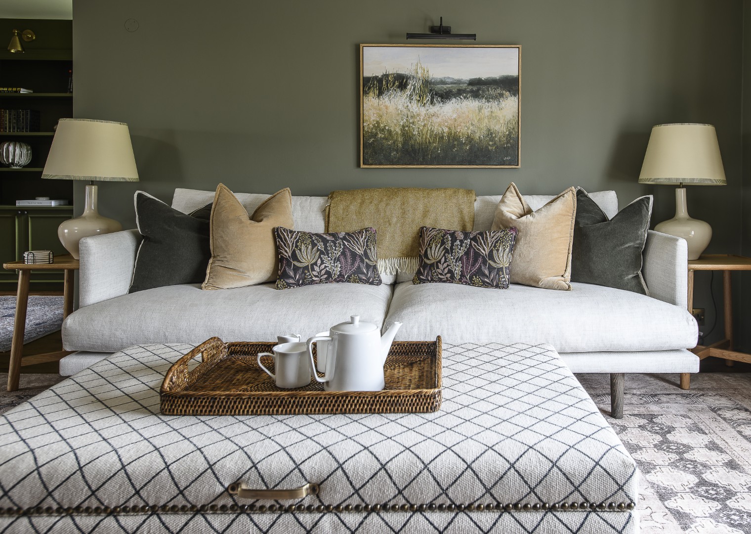 Texture provided by squashy sofas, deep armchairs and soft velvet cushions in the sitting room