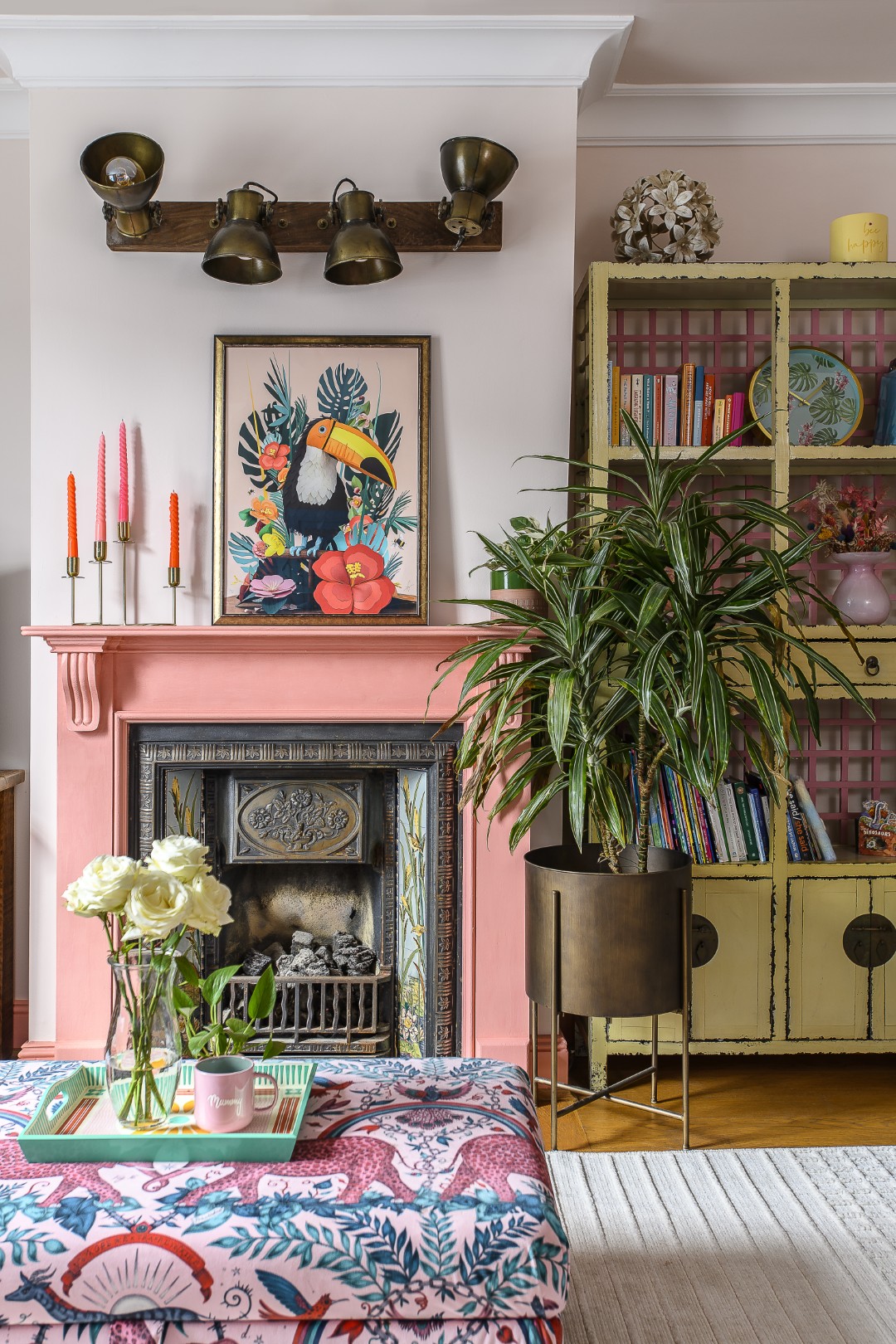 The toucan on the mantelpiece in the living room is by West Sussex artist Lisa Lloyd Instagram @lisa_lloydpaper
