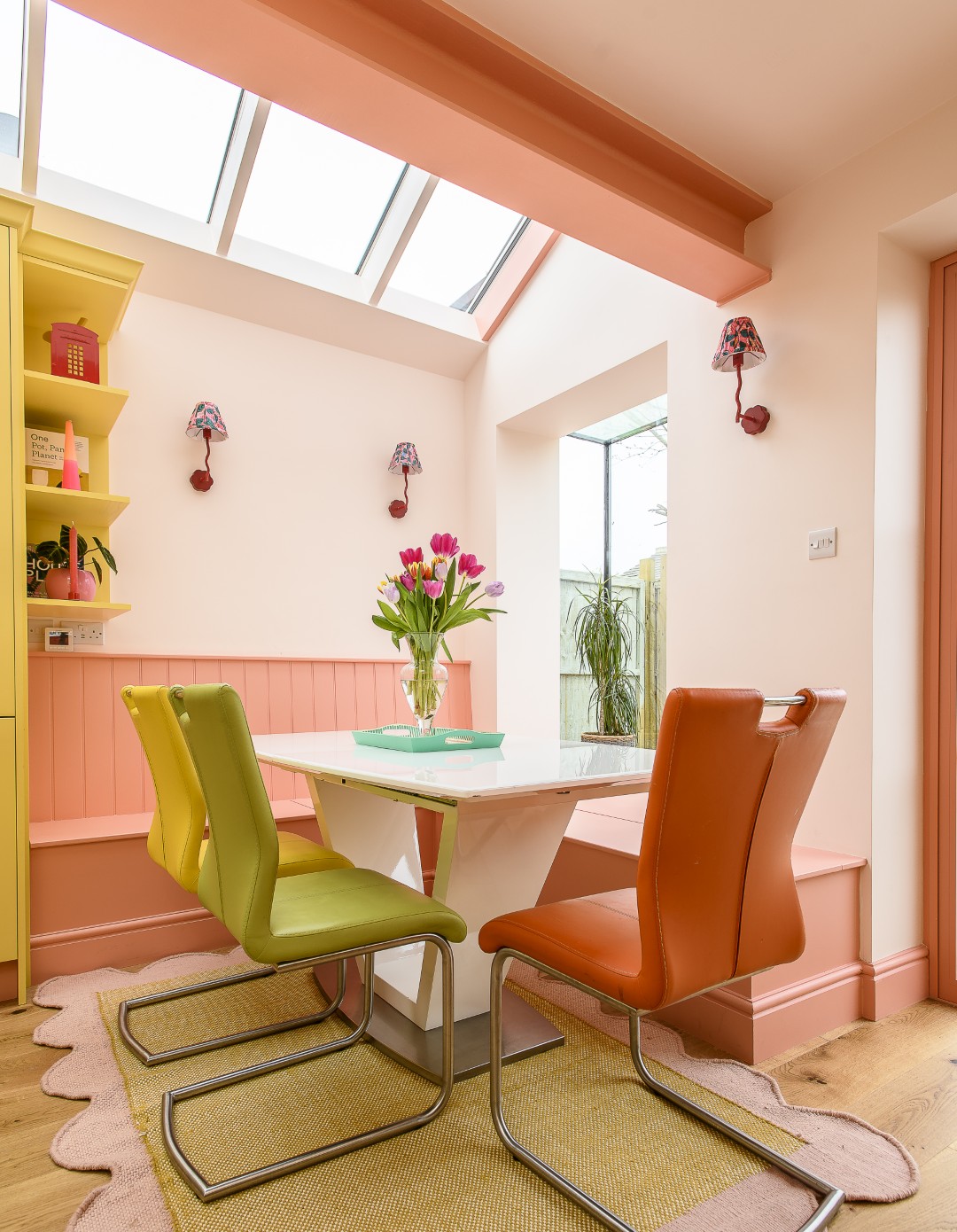 A trio of Lucy Tiffney Red Wiggle wall lamps from next.co.uk were the perfect discovery for the dining area.