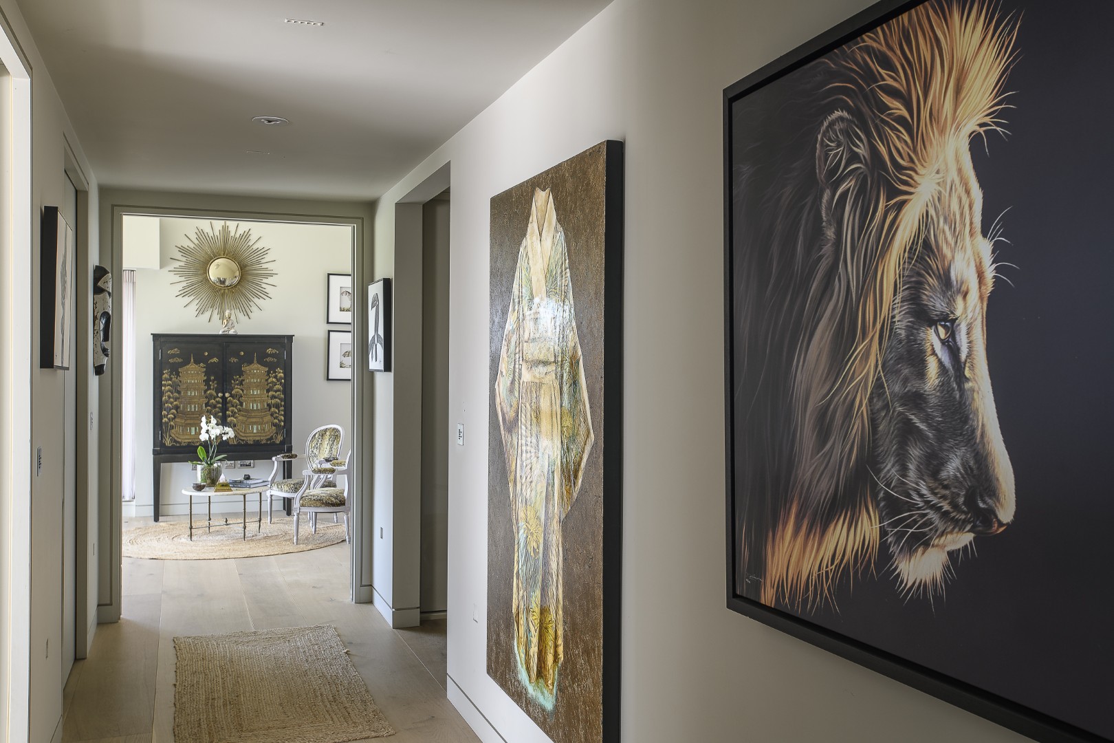 Various large pictures decorate the hallway