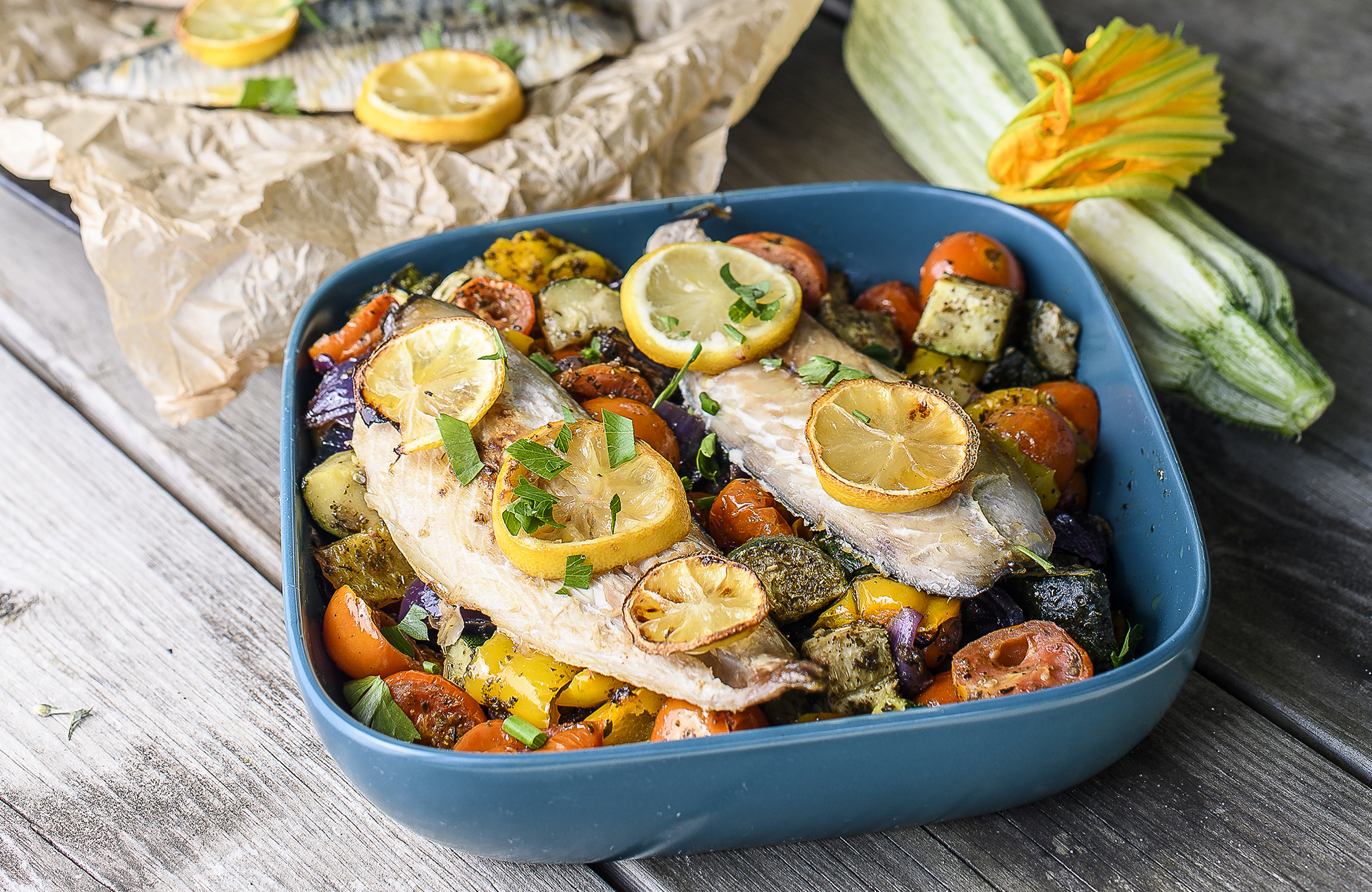 Grilled mackerel with roasted vegetables