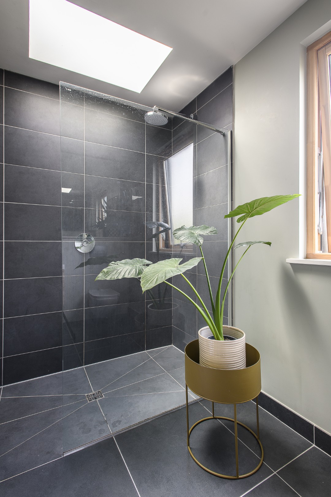 Dark tiling and a frameless shower screen seamlessly blend the shower into the rest of the room