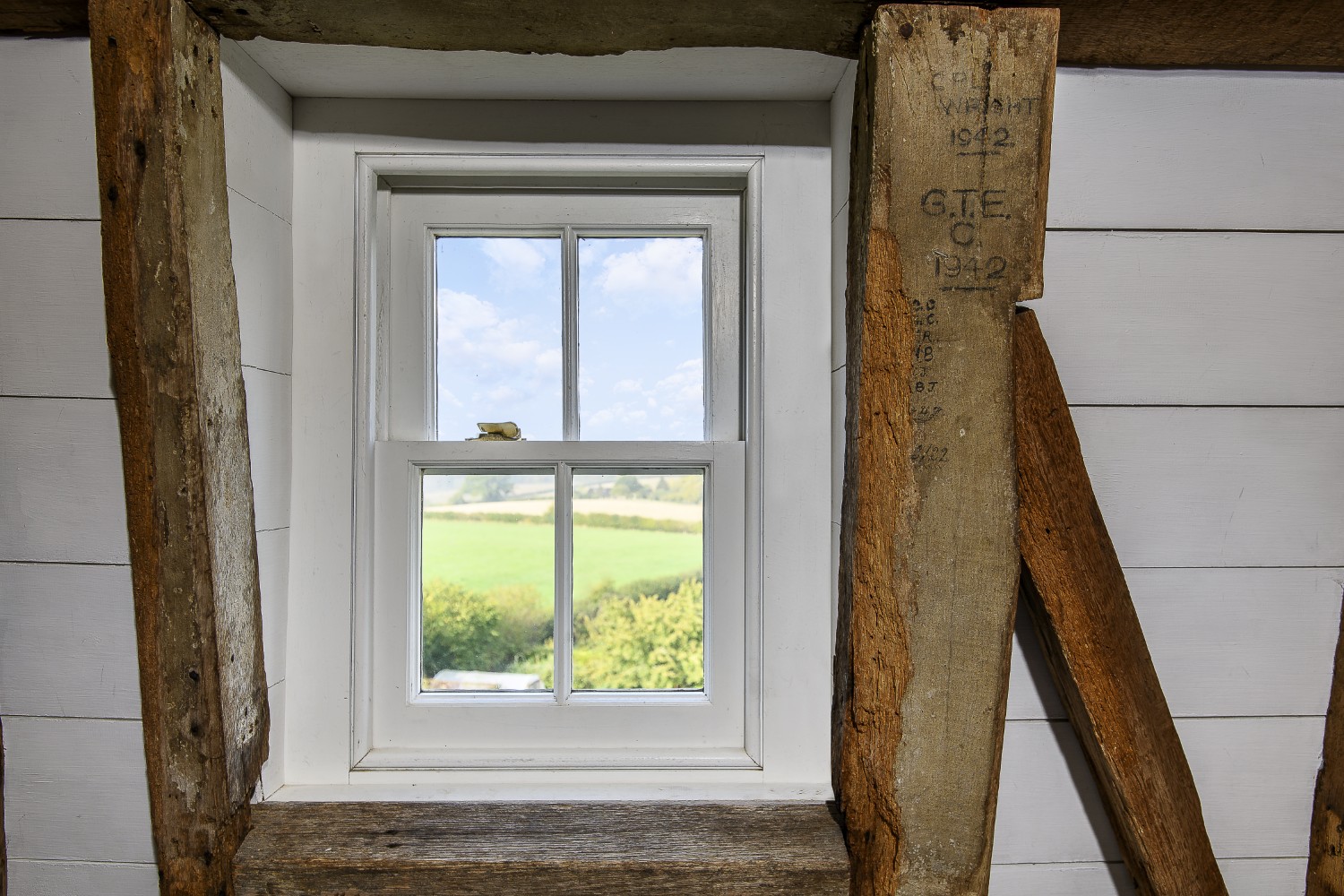 Once used as a gunner’s lookout during WWII, timber by the bathroom window at the top of the Mill still bears the pencil marks of the RAF personnel stationed there